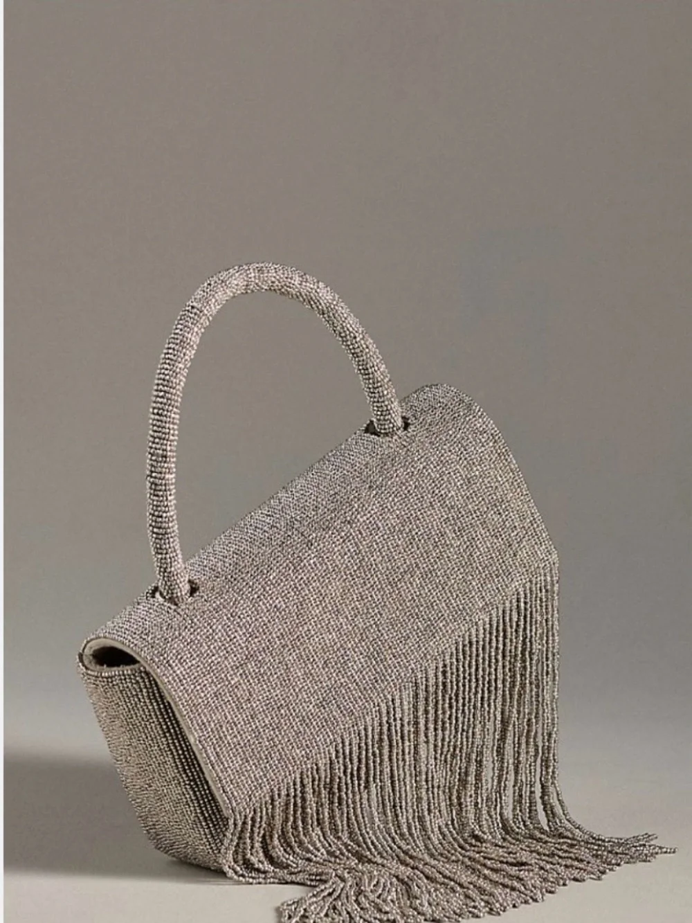 Anthropologie Silver Beaded Fringe Top-Handle Crossbody